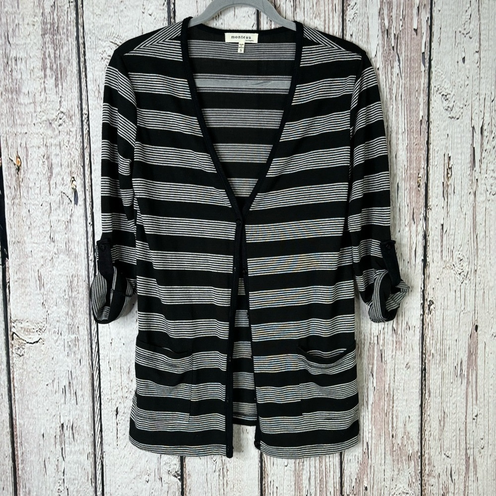 Monteau Lightweight Cardigan Sweater Small Black‎ White Striped Roll Tab Sleeves
